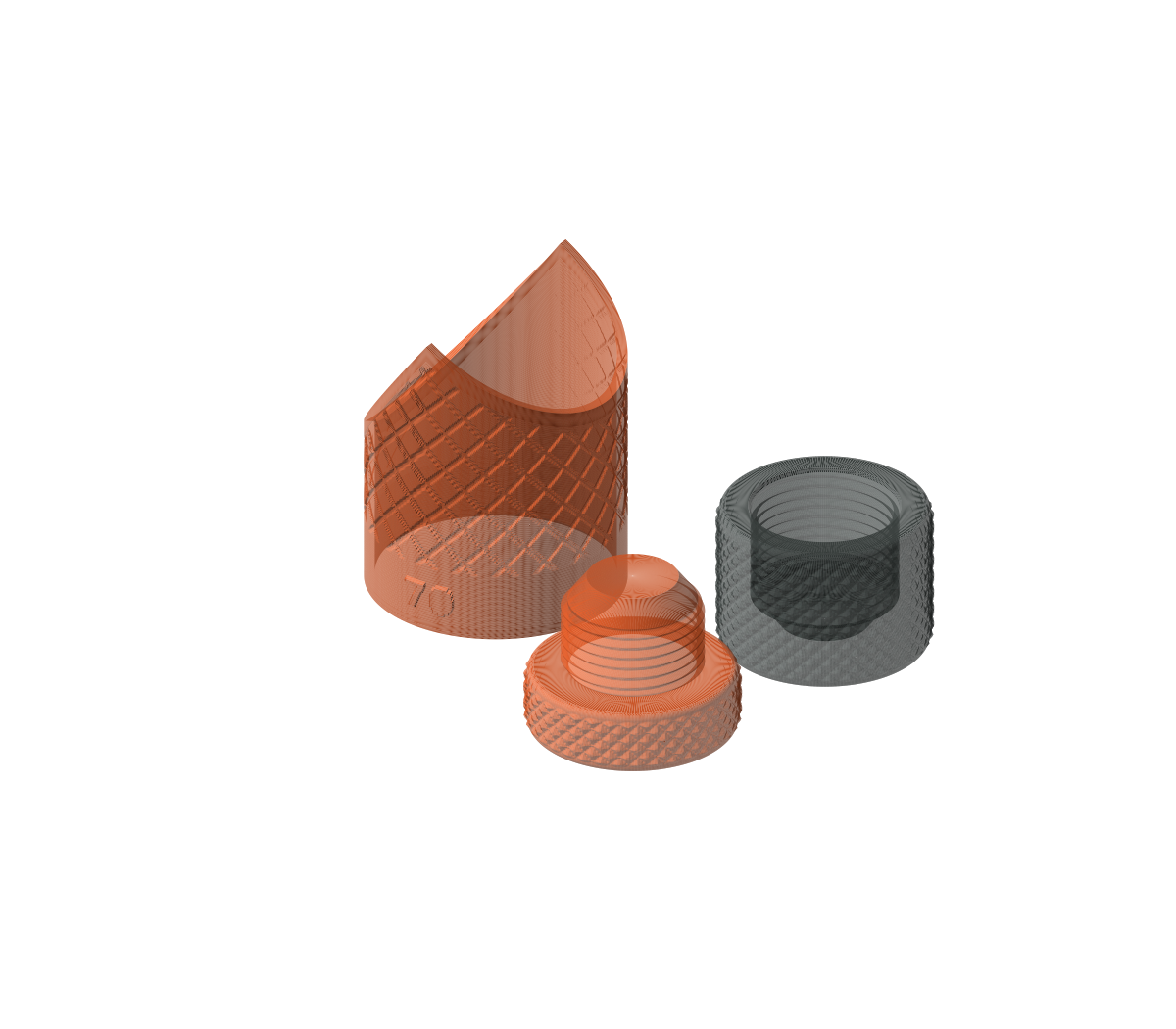 CAD render of an orange diamond-grip pipe guide with orange and charcoal JIC dust accessories
